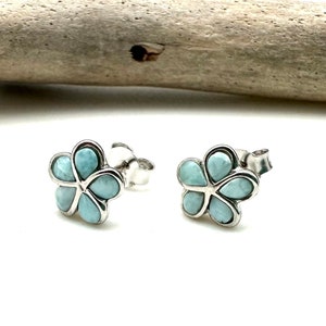 Larimar Plumeria Silver Earrings 13mm / Silver Larimar Flower Studs / 925 Sterling