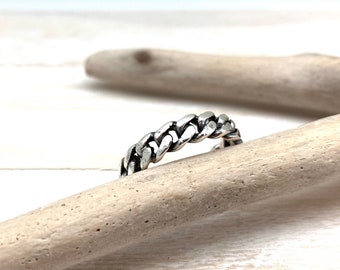 Curb Link Silver Ring 6-9  / Chain Link Ring / Flat Rounded Chain Link / Oxidized Chain Ring / Men and Women's Ring / 925 Sterling