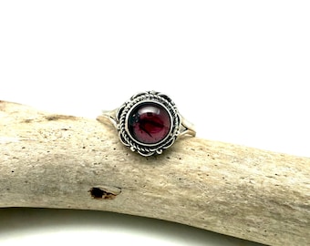 Garnet Flower Sterling Silver Ring, January Birthstone