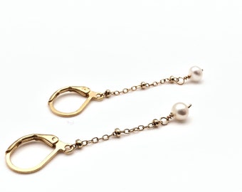 Dainty Baby Pearl Earrings , Wire Wrapped Dangle Pearl Earrings , 18k Gold Fill