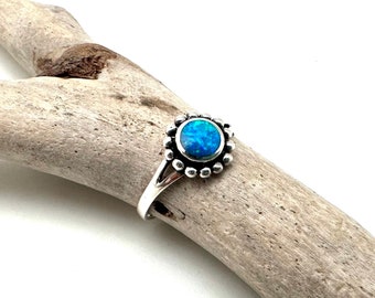 Silver Blue Opal Flower Ring 4-10 / Blue Opal Bead Flower Ring / 925 Sterling