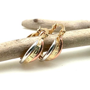 Tricolor Small Hoop Earrings 18mm - Gold Fill Two Tone Hoops - Patterned Gold Hoops - Best Selling - Rose Gold, Gold and Silver