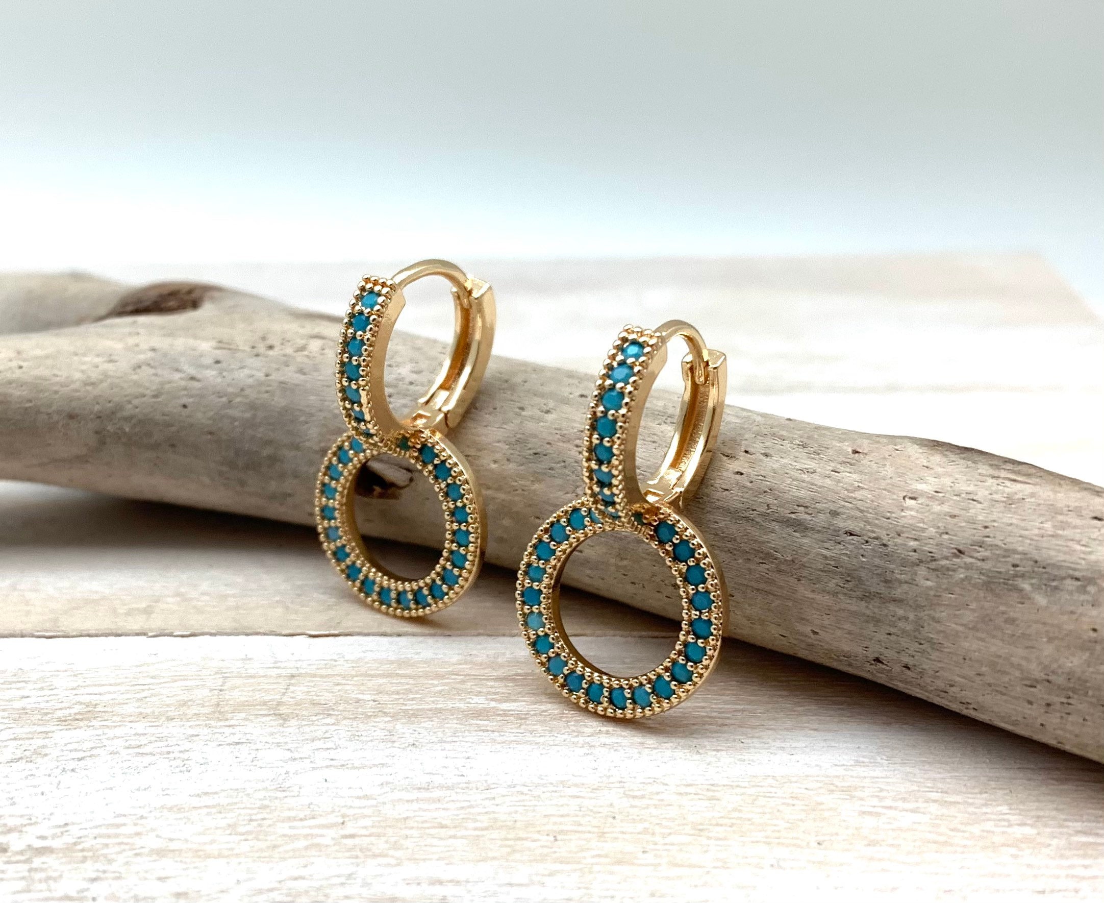 Turquoise Huggies Gold Earrings Gold Turquoise Earrings | Etsy