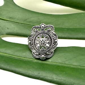 Mandala Vintage Bead Ring / Flower Inspiration Ring / Prayer Ring / Filigree Statement Ring /  size 7, 8 / 925 Silver