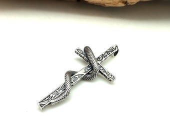 Sterling Silver Snake Cross Pendant, Oxidized Serpent, Gothic