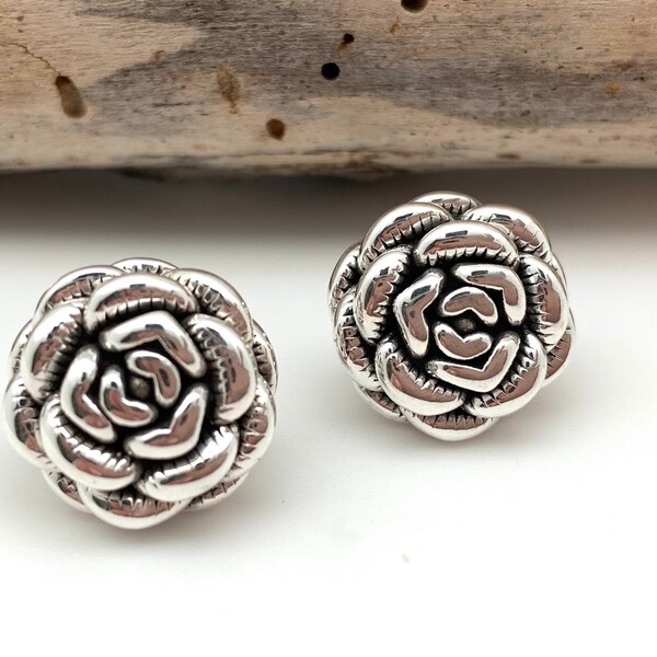 Rose Flower Silver Earrings / Sterling Spanish Rose Earrings / Classic Rose Earrings / Rose Post Earrings / 3D Flower / 925 Sterling