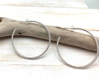 Silver Glittery Medium Hoops / Silver Glittery Post Hoops / 40mm Medium Hoops / Sparkly Hoops / Light weight / 925 Sterling Silver