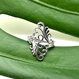 Könnte beinhalten: Ein silberner Ring mit einem filigranen, kunstvollen Design, das an ein stilisiertes Blumenmuster erinnert. Der Ring ist vor einem grünen Blatt-Hintergrund platziert.