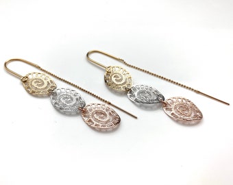 Tricolor Threader Earrings - Mixed Metals Threader with Option of lever back - Rose, Gold Silver - Lightweight - Goldfill- Hypoallergenic