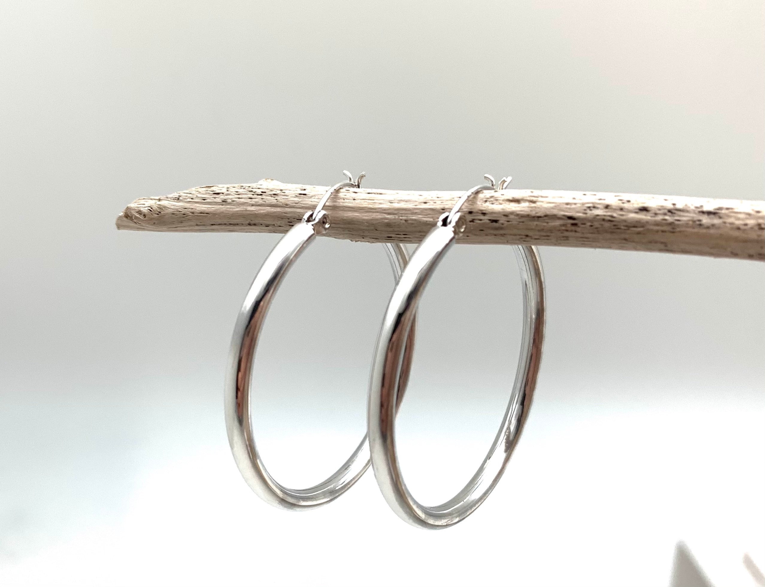 Large Silver Snap Post Hoop Earrings -3mm X 45mm Medium Silver