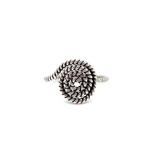 May include: A silver ring with a twisted rope design that forms a circle.