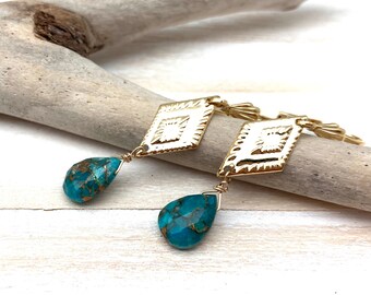 Turquoise Gold Earrings // Mojave Turquoise Gold Earrings // Southwest // Natural Turquoise // Simple Turquoise Earrings // Goldfill