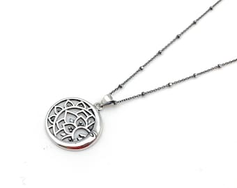 Mandala Moon Silver Necklace / Moon Mandala Circle Pendant / Mandala Medallion / Peace and Harmony / 925 Silver / Oxidized / Pendant Only
