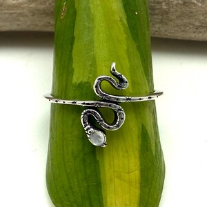 Könnte beinhalten: Ein silberfarbener Schlangenring mit gewundenem Design und einem kleinen, runden, weißen Edelstein. Der Ring umschlingt ein grün-gelbes Objekt, mit einem Band mit kleinen sternförmigen Details.