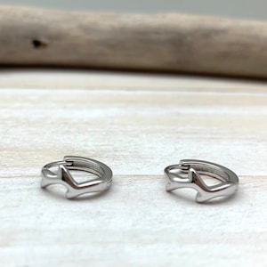 Tiny Antler Silver Hoops - 10mm Silver Huggie Earrings - 10mm x 3mm Silver Hinged Earrings - Woodland Hoops - Minimalist Modern Hoops
