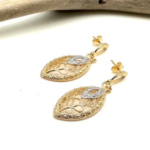 Gold Silver Earrings - Gold Fill Two Tone Dangly Post 40mm - Vintage Inspired - Hypoallergenic - Tarnish Free