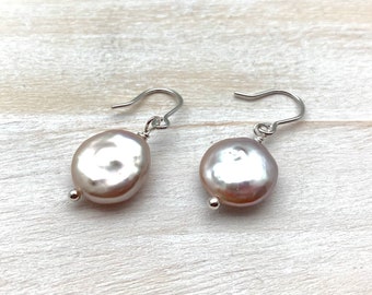 Pink Coin Pearl Earrings, Sterling Silver 925, 16mm