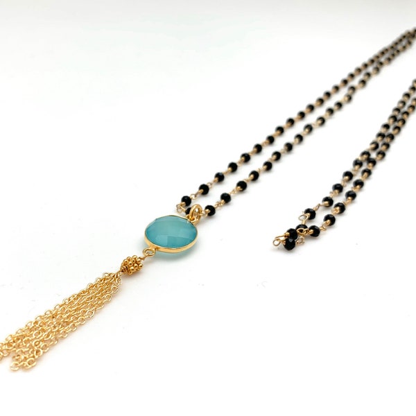 Black Onyx Gold Pendant -Rutilated Quartz Necklace - Black Onyx Teardrop Pendant - Rosary Chain - Goldfill - 24” - S Hook - Handmade