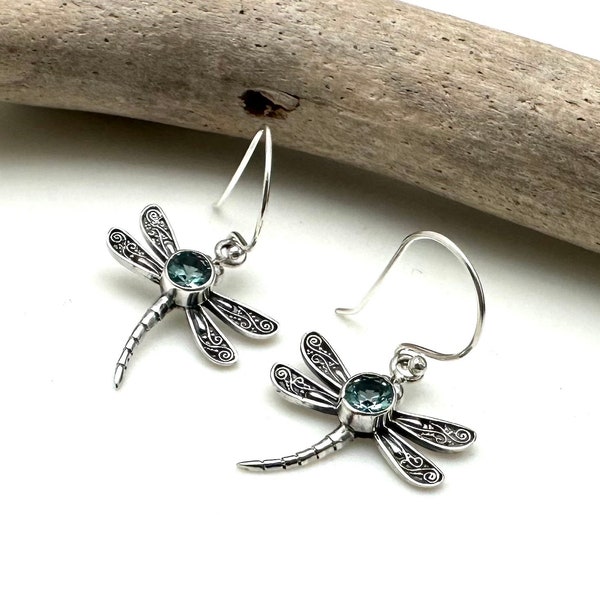 Silver Dragonfly Blue Topaz Earrings 20mm / Dragonfly Silver Earrings / 925 Sterling / Bali