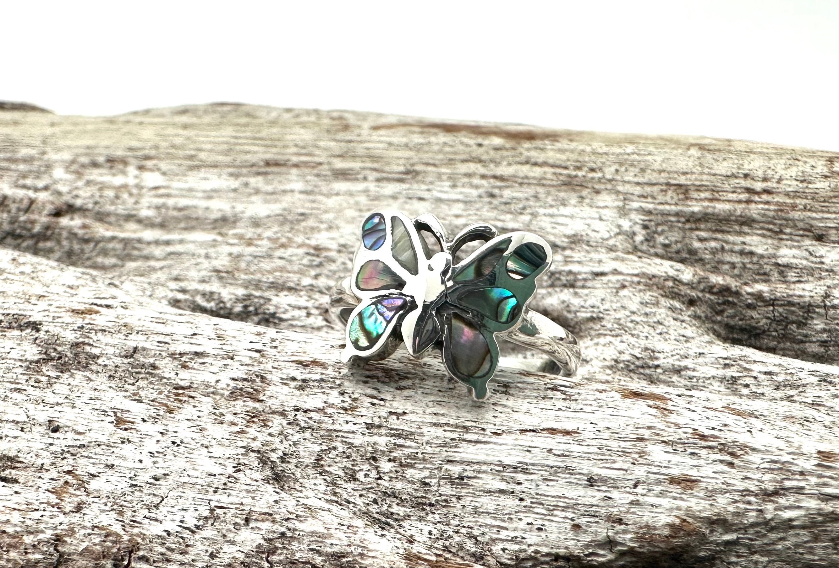 Silverline Jewelry Simulated Abalone Shell Butterfly Ring - 925 Sterling Silver, Size 9, Free Gift Pouch