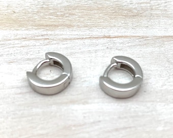 Tiny Modern Silver Hoops - 10mm Silver Huggie Earrings - 10mm x 3mm Silver Hinged Earrings - Small Silver Hoops - Minimalist Modern Hoops