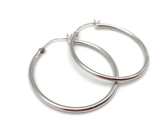 Medium 35mm Snap Post Hoop Earrings - 35mm x 2mm Medium Silver Hoops - Medium Latch Hoops - Sterling Silver Hoops - 35mm x 2mm Hoops