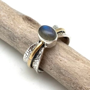 Labradorite Silver Ring with Gold Accent Size 8, 10 / Smooth Labradorite / Healing / 925 Sterling