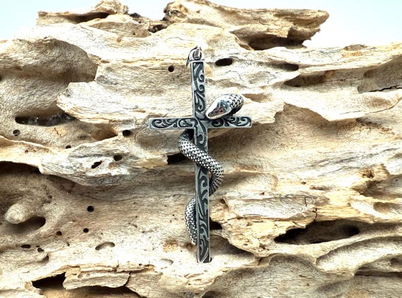 Sterling Silver Snake Cross Pendant, Oxidized Serpent, Gothic
