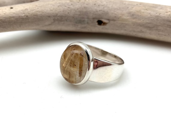 Bague En Argent 925 Avec Quartz Rutile Doré - Taille 57 (équivalent US 8) - Pierre Naturelle Cabochon - Neuf Avec étiquettes