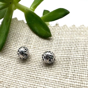 May include: Two small, silver-colored beads with intricate, swirling patterns. The beads are round and have a detailed openwork design. They are displayed on a textured, off-white fabric, with a green succulent plant in the background.