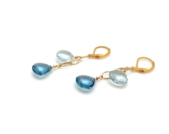 Blue Topaz and Aquamarine Earrings / London Blue Topaz Gold Earrings / Aquamarine Teardrops / AA London Blue Topaz Briolette / Goldfill