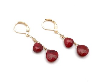 Ruby Heart Goldfill Dangle Earrings, July Birthstone
