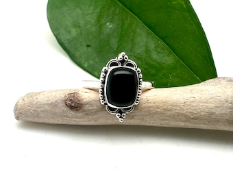 Schwarzer Onyx Bali Silber Ring / Schwarzer Onyx Cabochon Ring / Natürlicher Onyx / Onyx Damenring / Größe 4, 7, 8, 9 / 925 Sterling