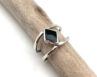 Black Onyx Silver Cage Ring, Diamond Shape Statement, 925 Sterling, Boho, Modern, Natural Stone