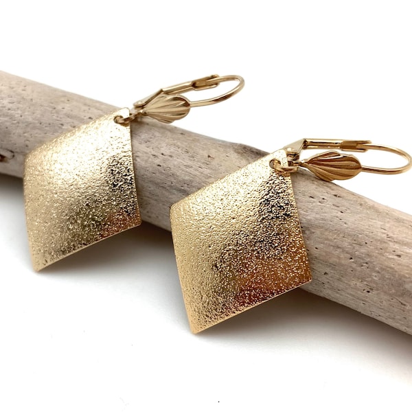 Gold Sandblast Diamond Earrings - Gold Leaf Sparkling Earrings - Sandblast Gold - Simple Gold Earrings - Lightweight - Everyday - Goldfill