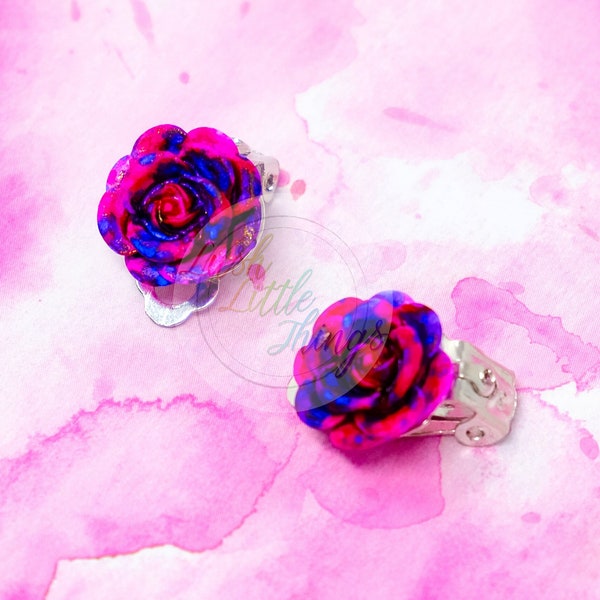 CLIP-ON Pink & Purple Rose Stud Earrings | Flower Earrings | Stud Earrings | Clip on Earrings | Rose Earrings | Pink Purple Rose Earrings