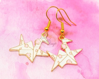 Gold Paper Crane Dangle Earrings-Pink Crystal Dangle Earrings-Origami Crane Earrings-Crystal Jade Drop Earring-Bird Earring-Everyday Jewelry
