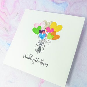 Penblwydd Hapus Ballons Karte | Carden Cymraeg | Geburtstagskarte | Luftballons Karte | Herz Ballon Geburtstagskarte | Penblwydd Hapus Karte