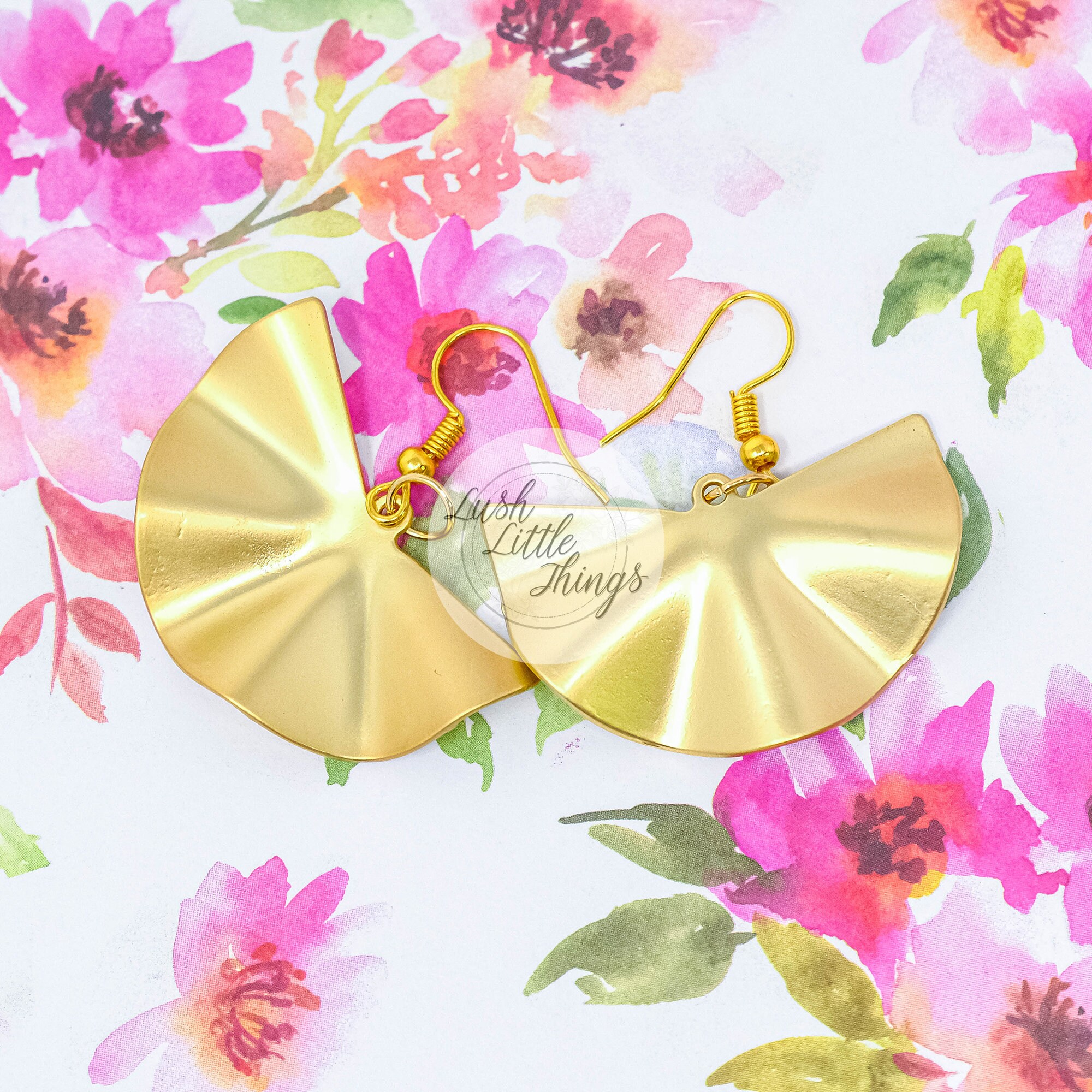 Gold Fan Earrings Matte Gold Earrings Dangly Earrings Etsy