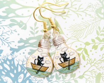 Cat Earrings | Cat in a Boat Lightbulb Earrings | Dangly earrings | Quirky earrings | Gift Ideas | Earring Gifts