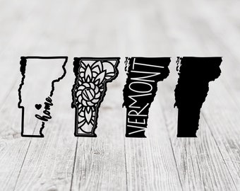 May include: Three black and white outline designs of the state of Vermont. The first design has the word "home" written inside the state outline. The second design has a mandala pattern inside the state outline. The third design has the word "Vermont" written vertically inside the state outline.