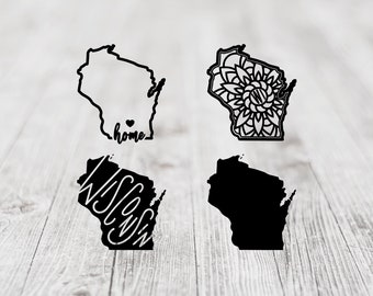 May include: Four different designs of the state of Wisconsin. The first design is a simple outline of the state with the word "home" written below. The second design is a mandala pattern inside the outline of the state. The third design is a black and white outline of the state with the word "Wisconsin" written inside. The fourth design is a solid black outline of the state.