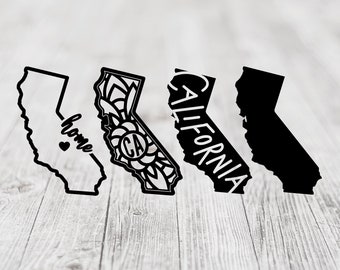 May include: Four black and white outline designs of the state of California. The first design says "home" with a heart inside the state. The second design has a floral pattern inside the state with the letters "CA" in the center. The third design says "CALIFORNIA" in a script font. The fourth design is a solid black outline of the state.