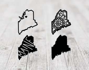 May include: Four different designs of the state of Maine. The first design is a white outline of the state with the word "home" and a heart inside. The second design is a black outline of the state with a mandala design inside. The third design is a black outline of the state with the word "Maine" written inside. The fourth design is a solid black outline of the state.