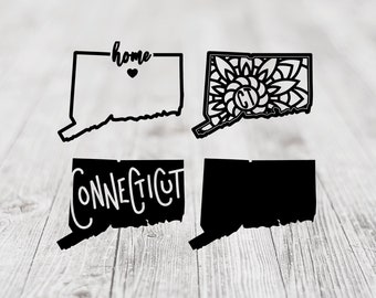 May include: Four black and white outline designs of the state of Connecticut. The designs include the words "home" with a heart, "Connecticut", a mandala design, and a solid black outline.