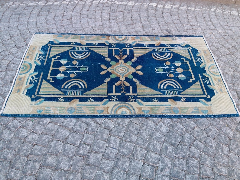 Blue Vintage Rug 3.8x6.7 ft,colorful rug,large turkish rug,boho decor,hand woven rug,large area rug,turkish runner,blue oushak rug,aztec rug