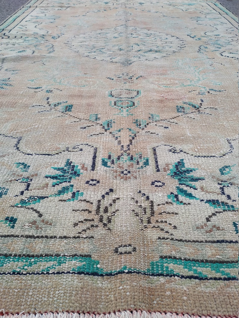 Turkish Rug 5x8 ft,large area rug,muted color rug,vintage oushak rug,bedroom rug,green rug runner,hand knotted rug,bohemian rug,rustic rug