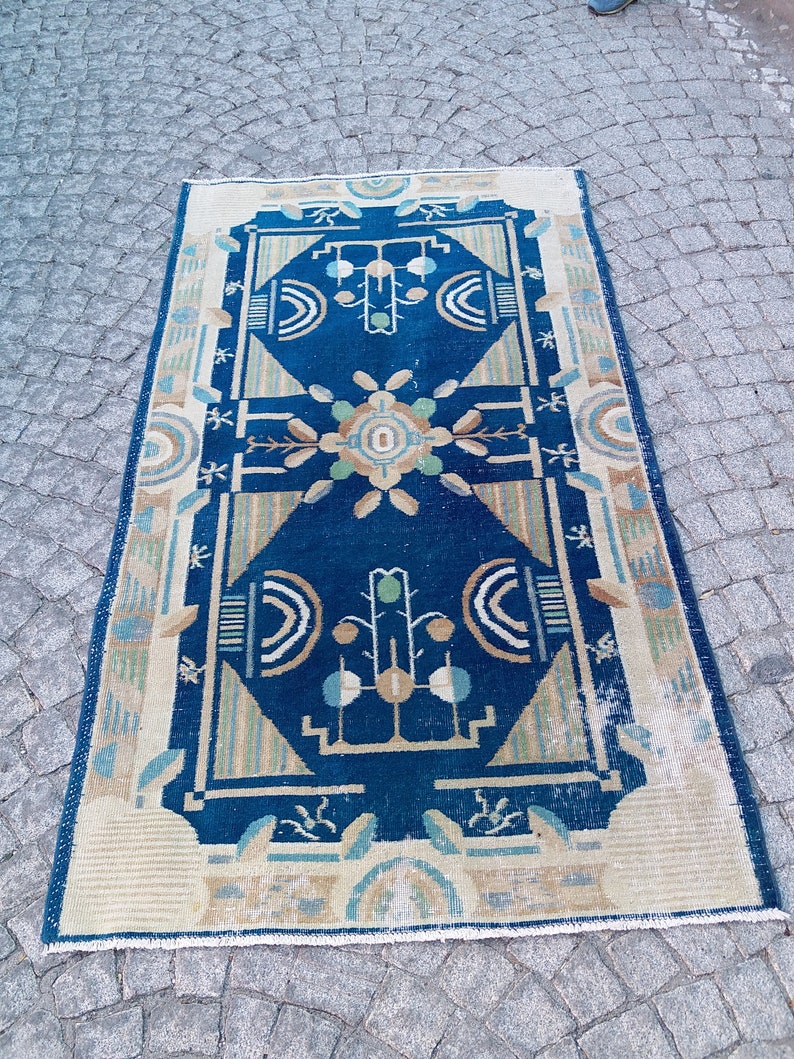 Blue Vintage Rug 3.8x6.7 ft,colorful rug,large turkish rug,boho decor,hand woven rug,large area rug,turkish runner,blue oushak rug,aztec rug