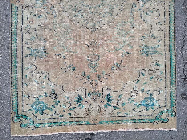 Turkish Rug 5x8 ft,large area rug,muted color rug,vintage oushak rug,bedroom rug,green rug runner,hand knotted rug,bohemian rug,rustic rug