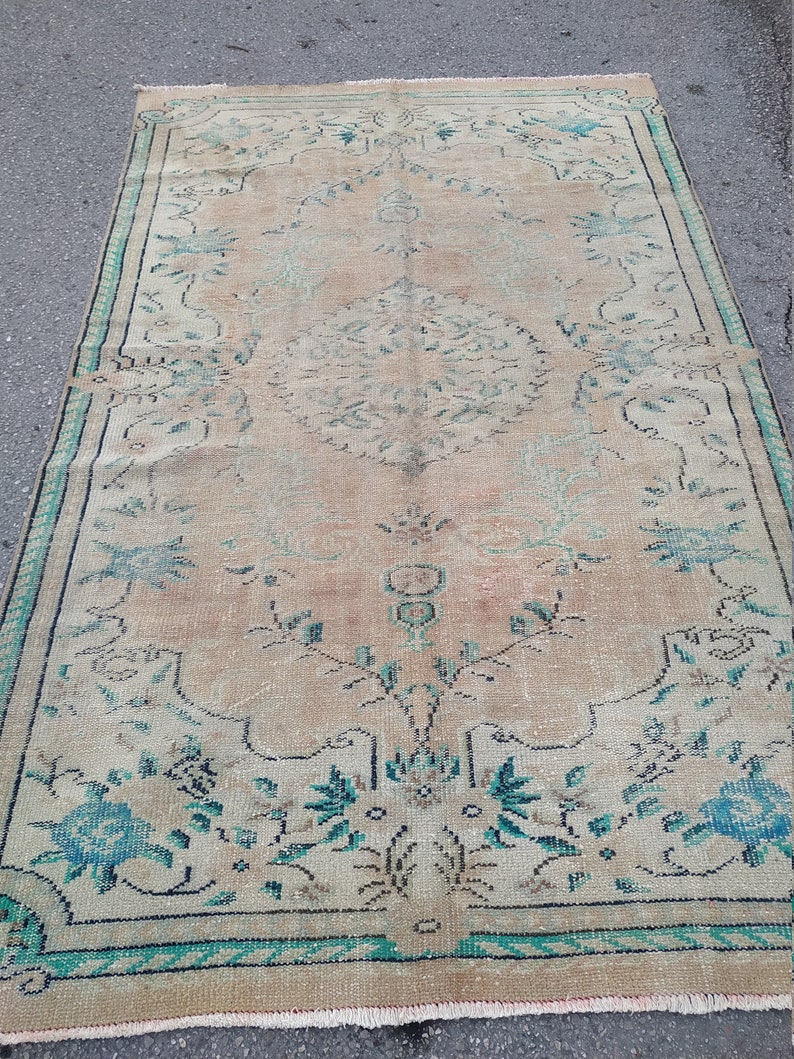 Turkish Rug 5x8 ft,large area rug,muted color rug,vintage oushak rug,bedroom rug,green rug runner,hand knotted rug,bohemian rug,rustic rug